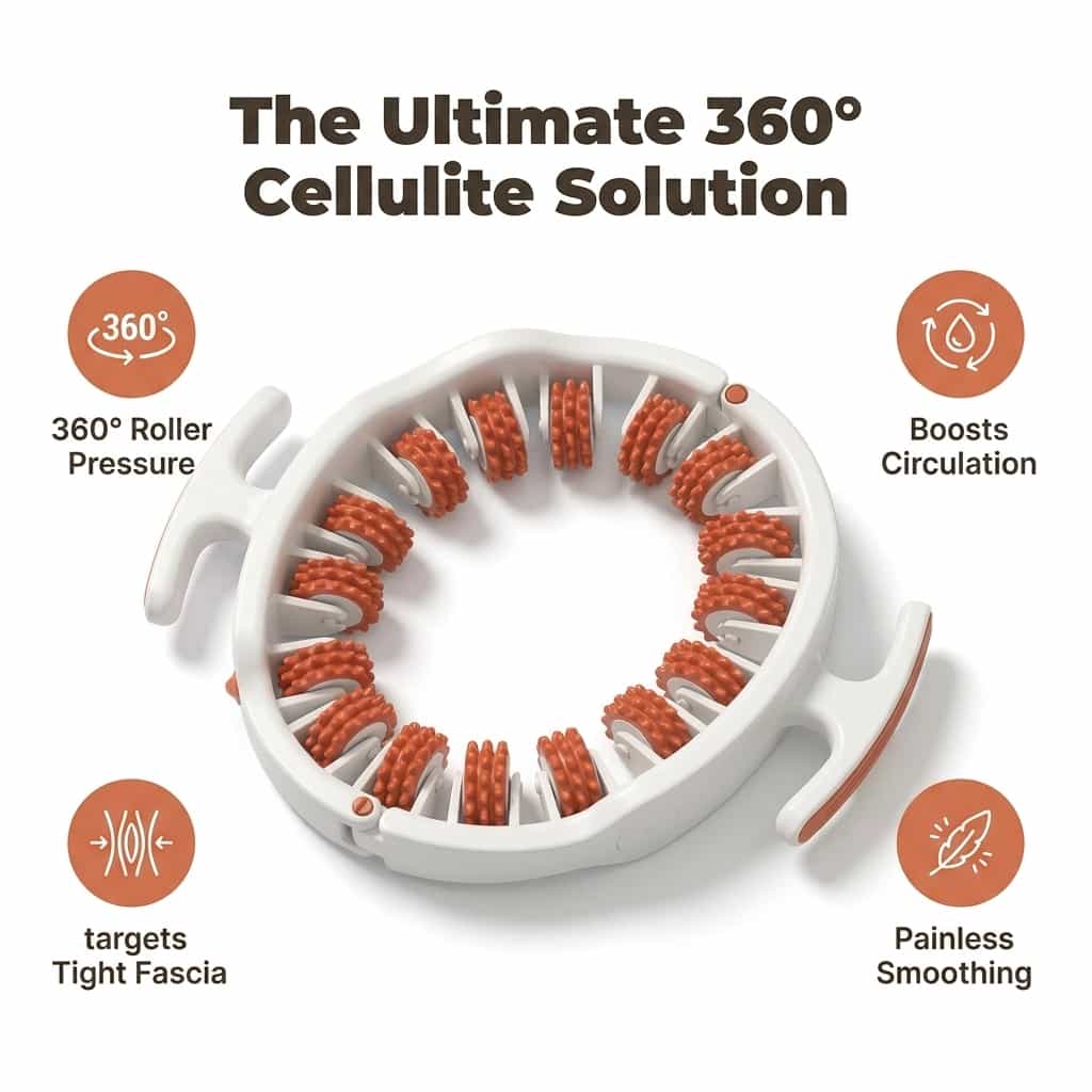 Aarenza SmoothRoll™ 360-degree cellulite reducer device with ergonomic design and textured rollers for skin smoothing.