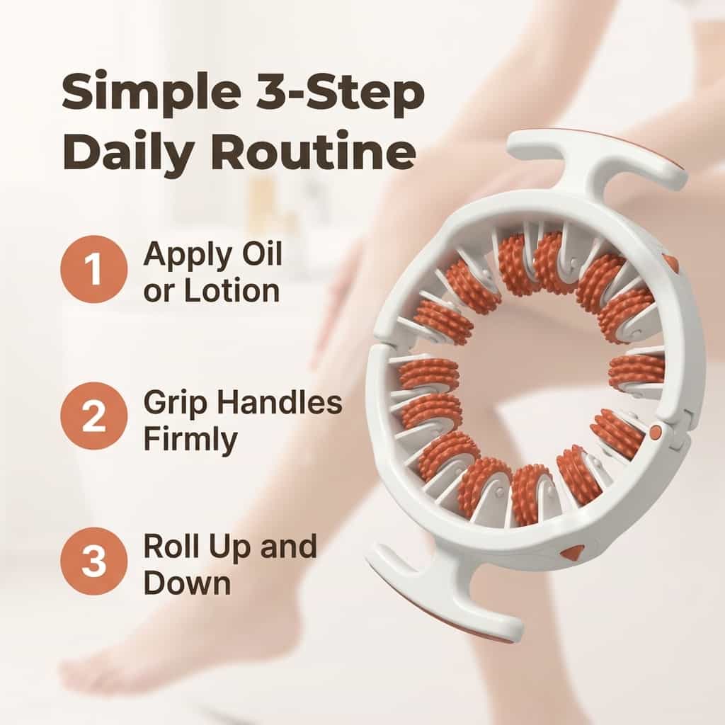 Aarenza SmoothRoll™ 360 Degree Cellulite Reducer with three numbered steps demonstrating its use and features.