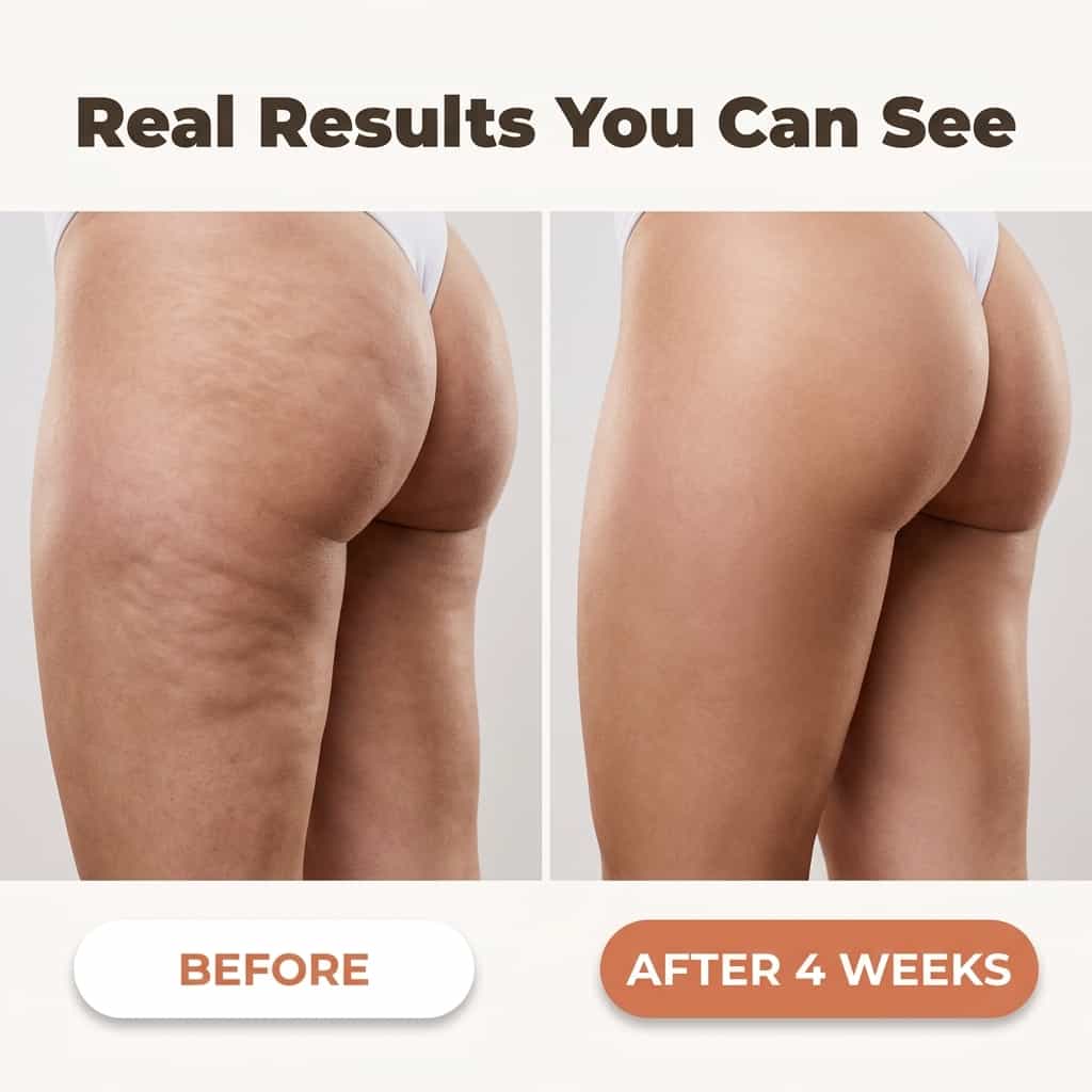 Arenzza SmoothRoll™ 360 Degree Cellulite Reducer showing before and after skin improvement on thighs and hips.