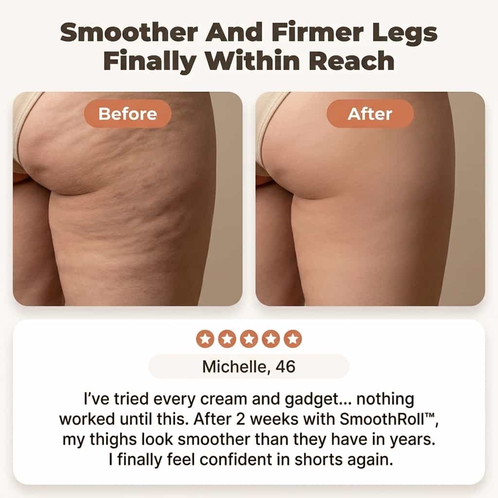 A woman using the Arenzza SmoothRoll™ 360-degree cellulite reducer device on her thigh for skin smoothing and cellulite reduction.