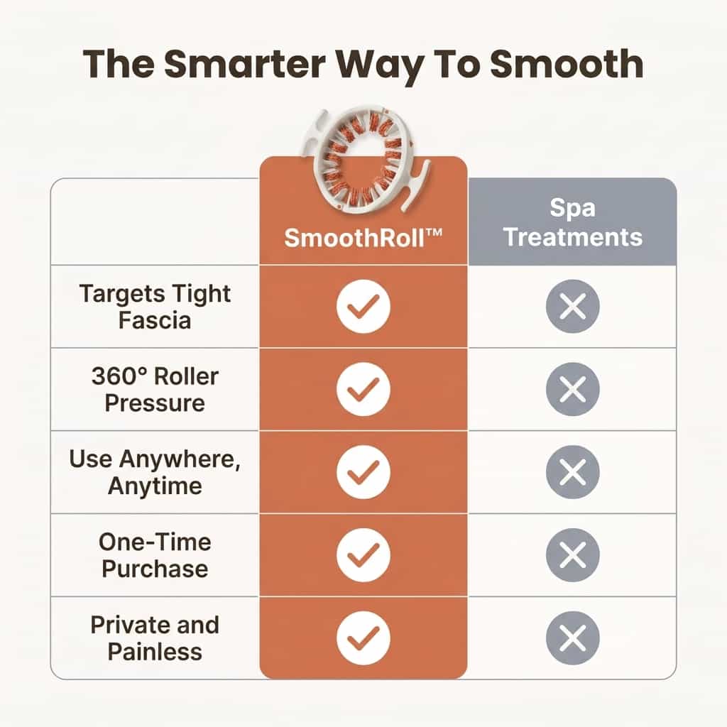 Comparison table for Arenzza SmoothRoll™ 360 Degree Cellulite Reducer showing features and benefits of the product.