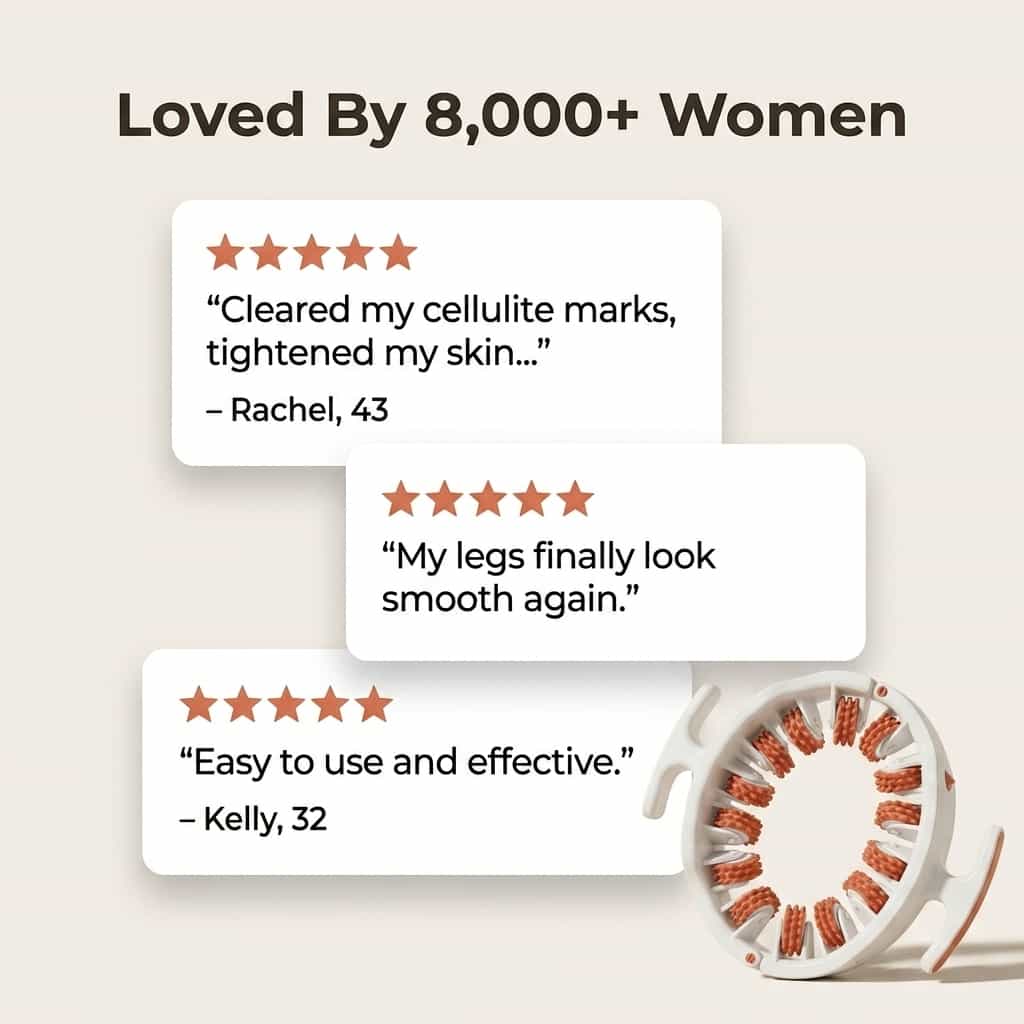 A woman using the Arenzza SmoothRoll™ 360 Degree Cellulite Reducer on her thigh, demonstrating its ergonomic design and effectiveness.