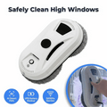 Arenzza SparkleBot intelligent window cleaning robot on a glass window, showcasing its sleek design and cleaning pads.