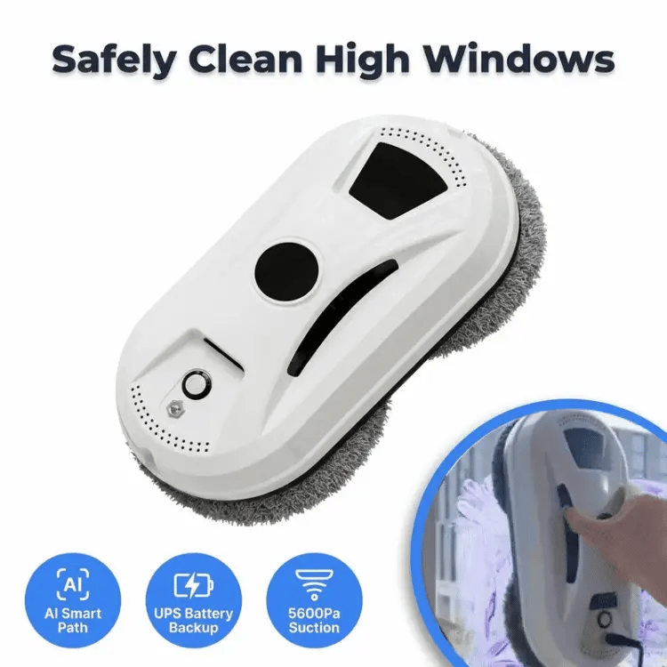 Arenzza SparkleBot intelligent window cleaning robot on a glass window, showcasing its sleek design and cleaning pads.