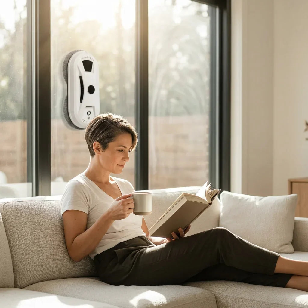 Aarenza SparkleBot intelligent window cleaning robot in action, demonstrating its sleek design and efficiency on a modern window.