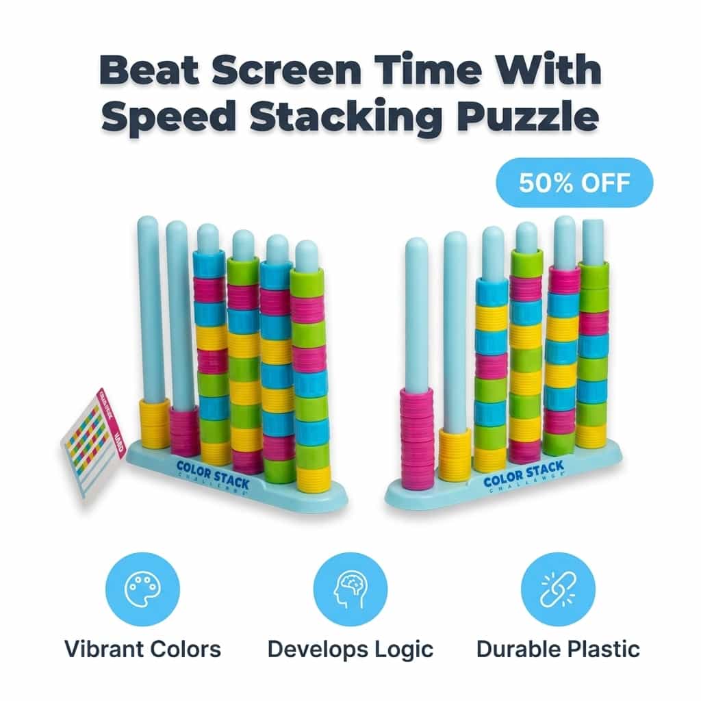 Arenzza Speed Stacking Puzzle displaying colorful, interlocking plastic pieces for skill-building challenge and hand-eye coordination.