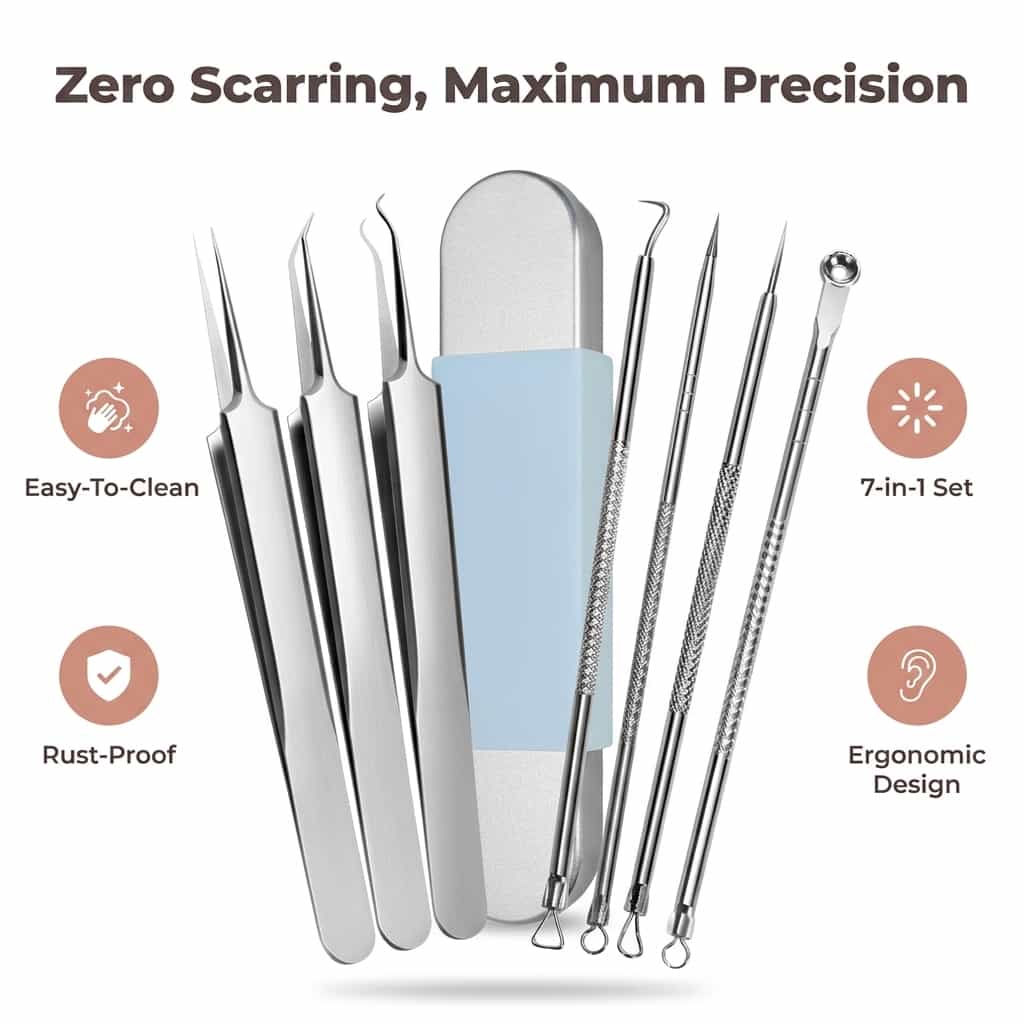 Arenzza stainless blackhead remover kit with hygienic pore care tools, displayed with black and stainless components on a white background.