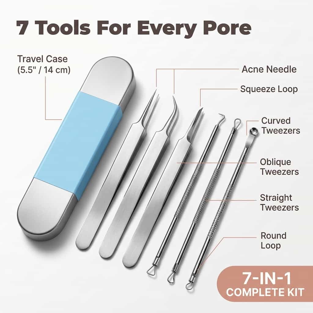 Arenzza stainless blackhead remover kit with three pore care tools, including different tips for hygienic blackhead extraction.