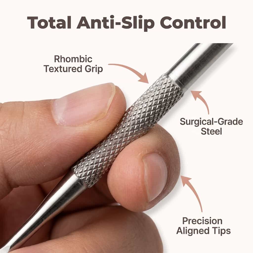 Close-up of Arenzza stainless blackhead remover kit with six high-quality tools for hygienic pore cleaning and blackhead extraction.