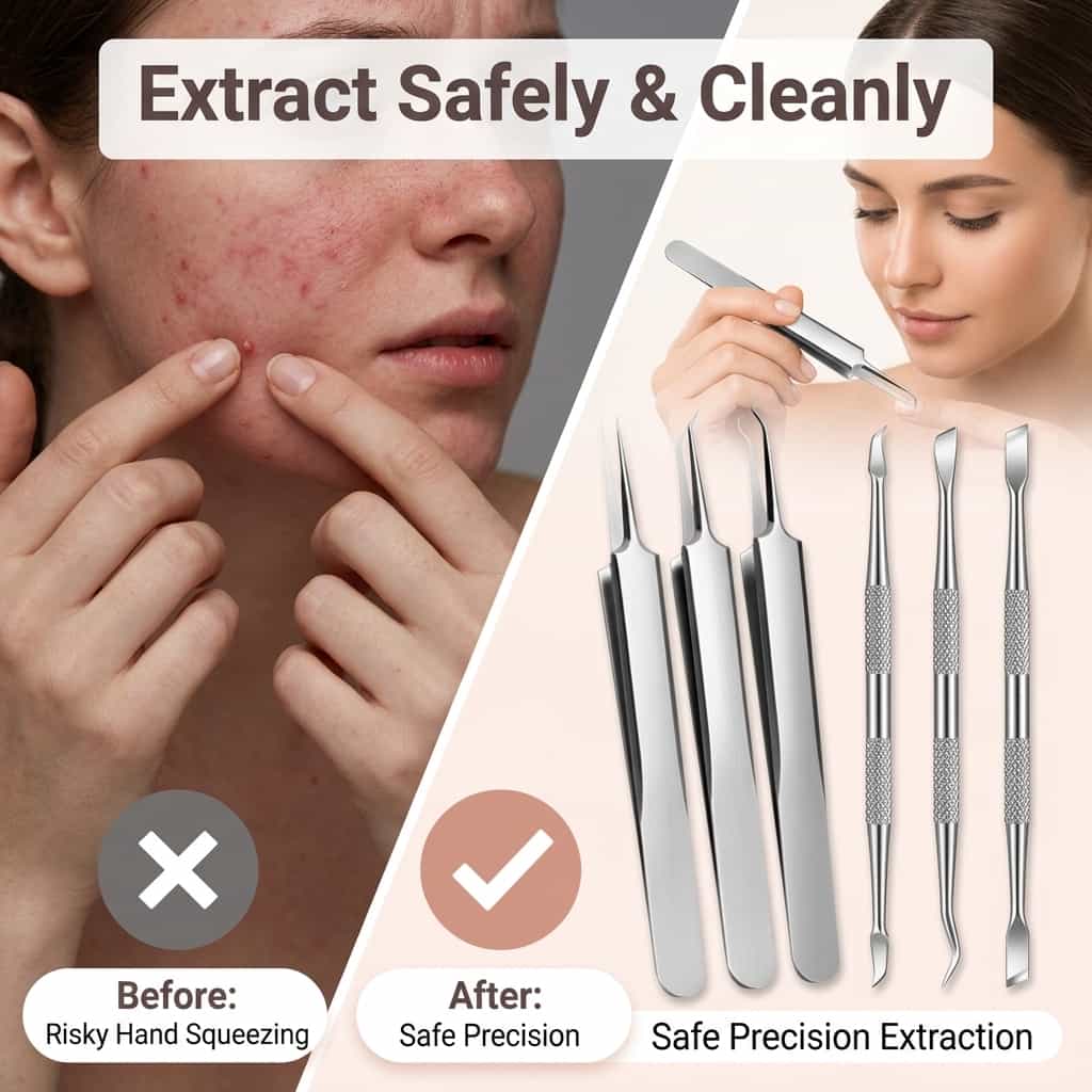 Arenzza stainless blackhead remover kit with hygienic pore care tools shown in a before and after split image.