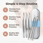 A step-by-step illustration of the Arenzza stainless blackhead remover kit for hygienic pore care.