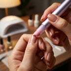 A woman applying StrongNail™ Nail & Cuticle Repair from Arenzza, showcasing healthy, well-groomed nails and cuticles.