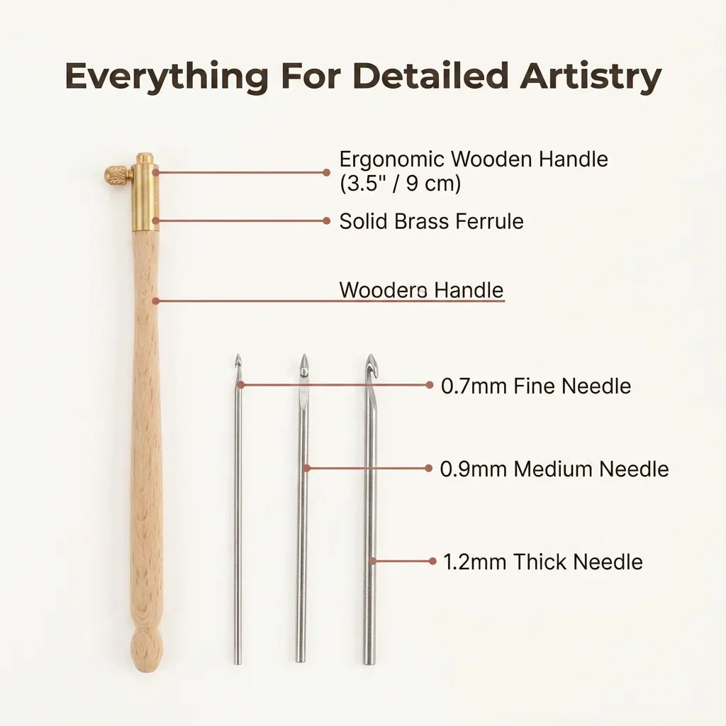 A set of three ergonomic tambour needle tools from Arenzza's TamburiCraft™ brand, shown bundled together on a white background.