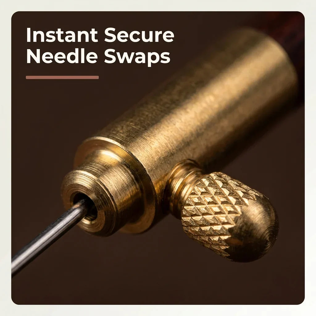 A set of four ergonomic Tambour needles from TamburiCraft™ by Arenzza, displayed with close-up of the needle tips and handles.
