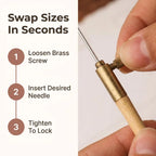 A step-by-step guide showing nine numbered images of the Arenzza TamburiCraft™ ergonomic tambour needle set for embroidery.