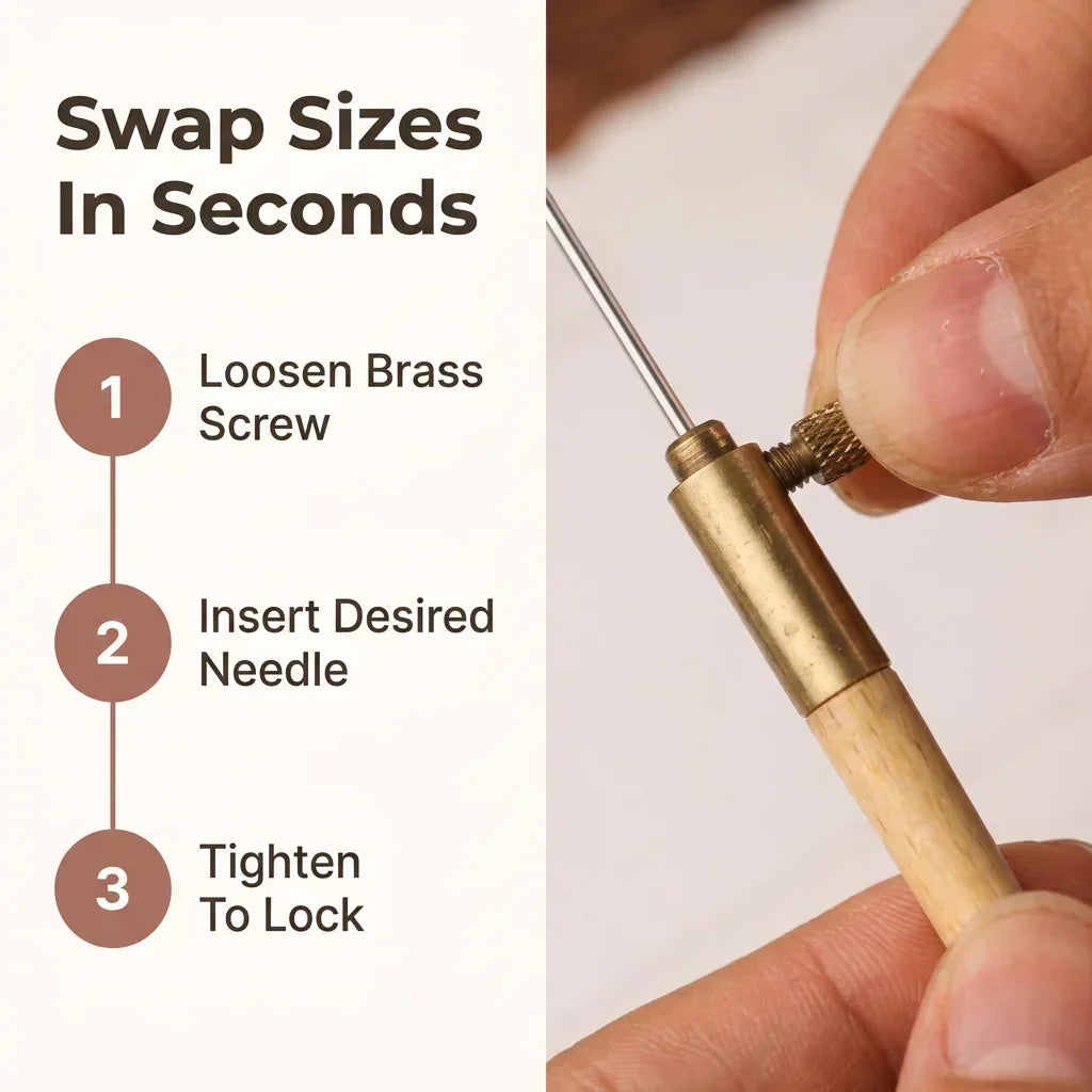 A step-by-step guide showing nine numbered images of the Arenzza TamburiCraft™ ergonomic tambour needle set for embroidery.