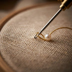 Aarenza TamburiCraft™ ergonomic tambour needle set in use, with seven needles displayed in a crafting scene.