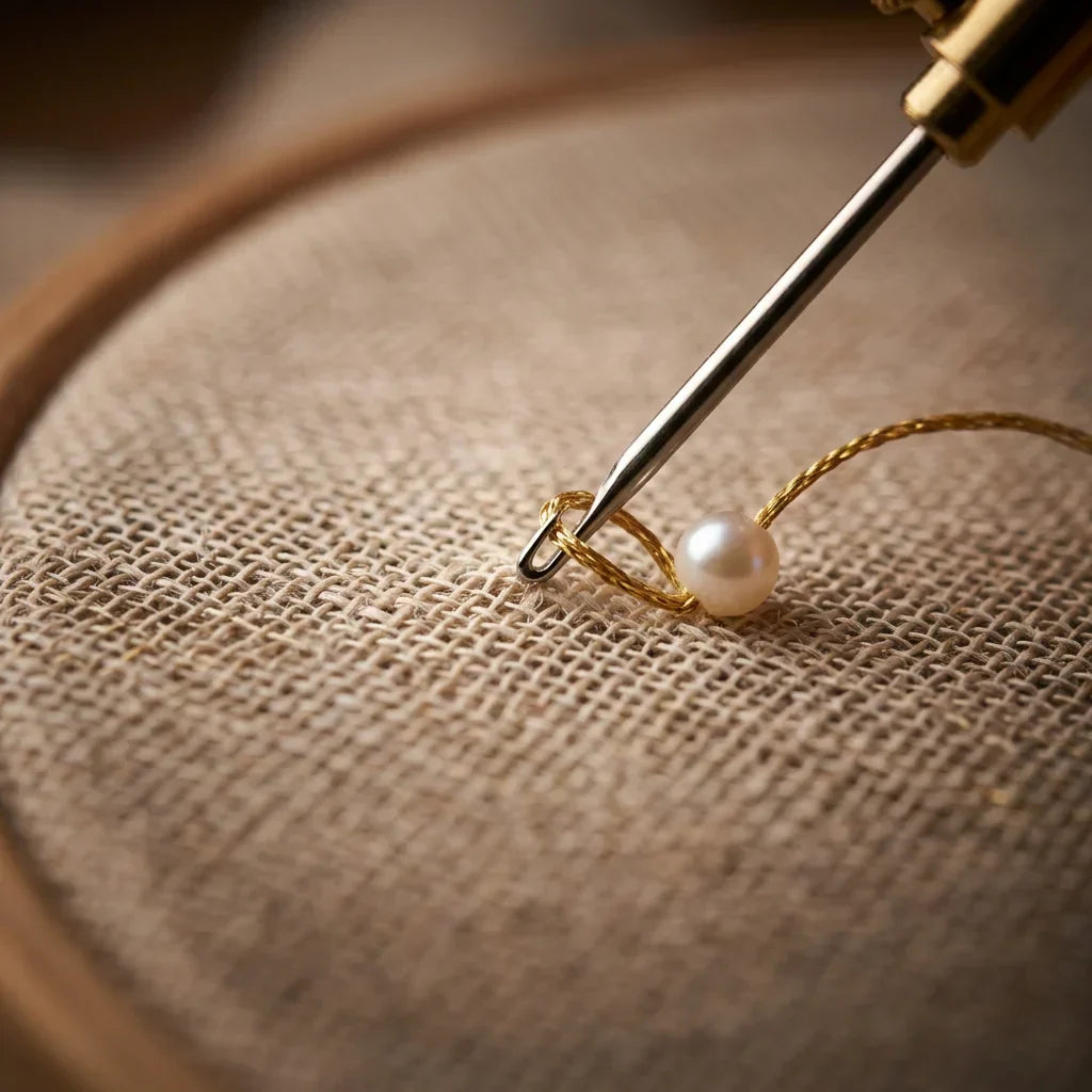 Aarenza TamburiCraft™ ergonomic tambour needle set in use, with seven needles displayed in a crafting scene.