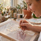 A person using the Arenzza TamburiCraft™ ergonomic tambour needle set for crafting in a cozy home workspace.