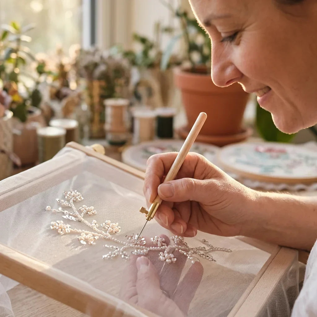 A person using the Arenzza TamburiCraft™ ergonomic tambour needle set for crafting in a cozy home workspace.
