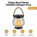 Arenzza EverFlame Solar Lantern with a warm glowing flame design hanging outdoors at night, eco-friendly solar-powered lighting.