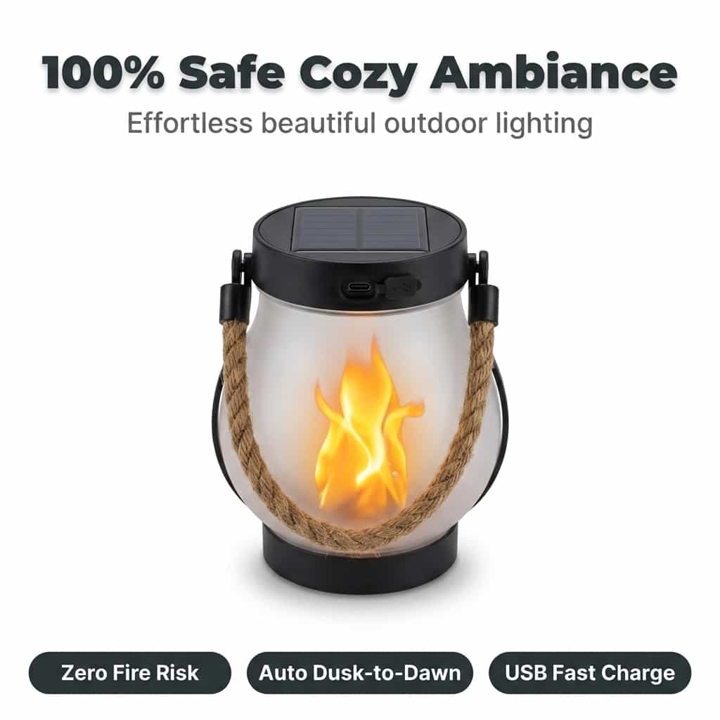 Arenzza EverFlame Solar Lantern with a warm, flickering flame design, illuminated outdoors at night, showcasing its ambient lighting.