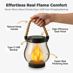 Arenzza EverFlame Solar Lantern with three benefit callouts, showcasing its elegant design and solar-powered flame illumination.