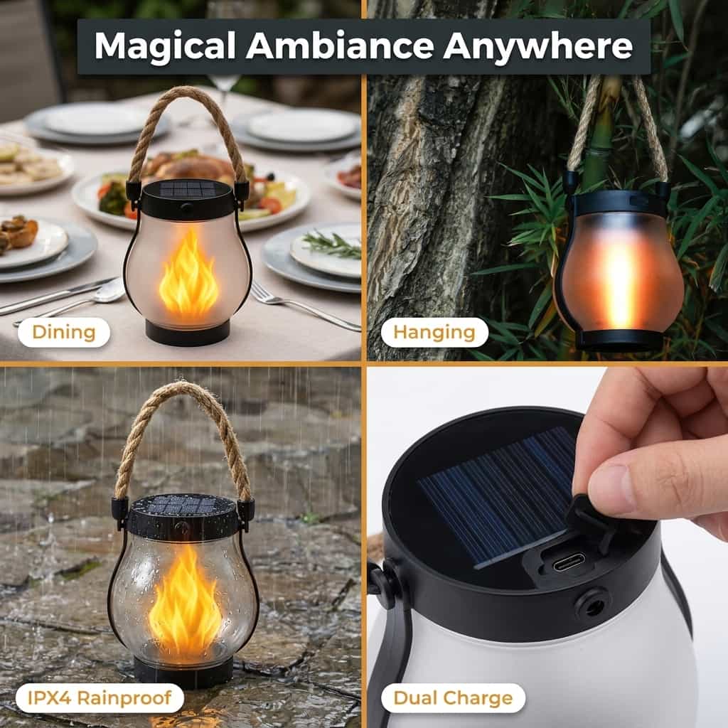 Arenzza EverFlame Solar Lantern with multi-panel design, glowing warmly in a nighttime outdoor setting.