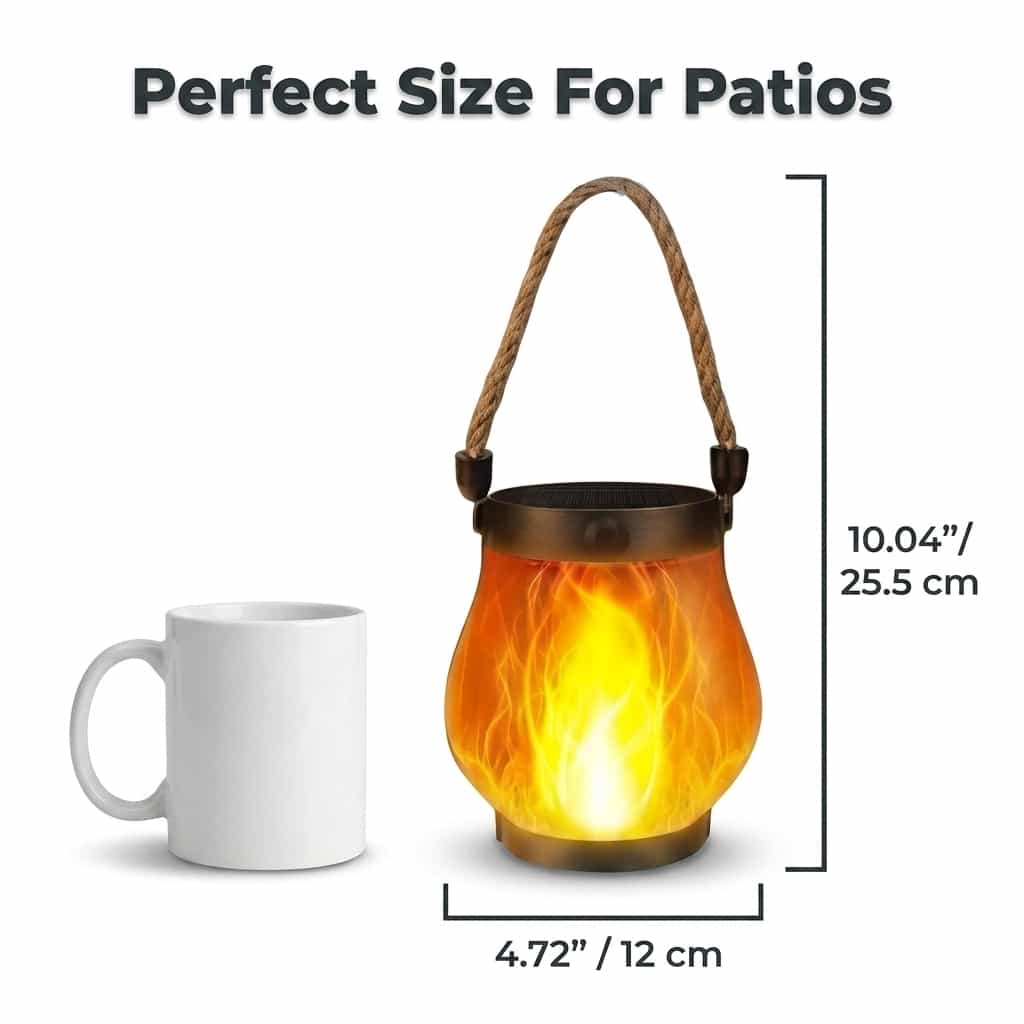 Aarenza EverFlame Solar Lantern with 6-dimension diagram showing its design and features, illuminated in a nighttime outdoor setting.