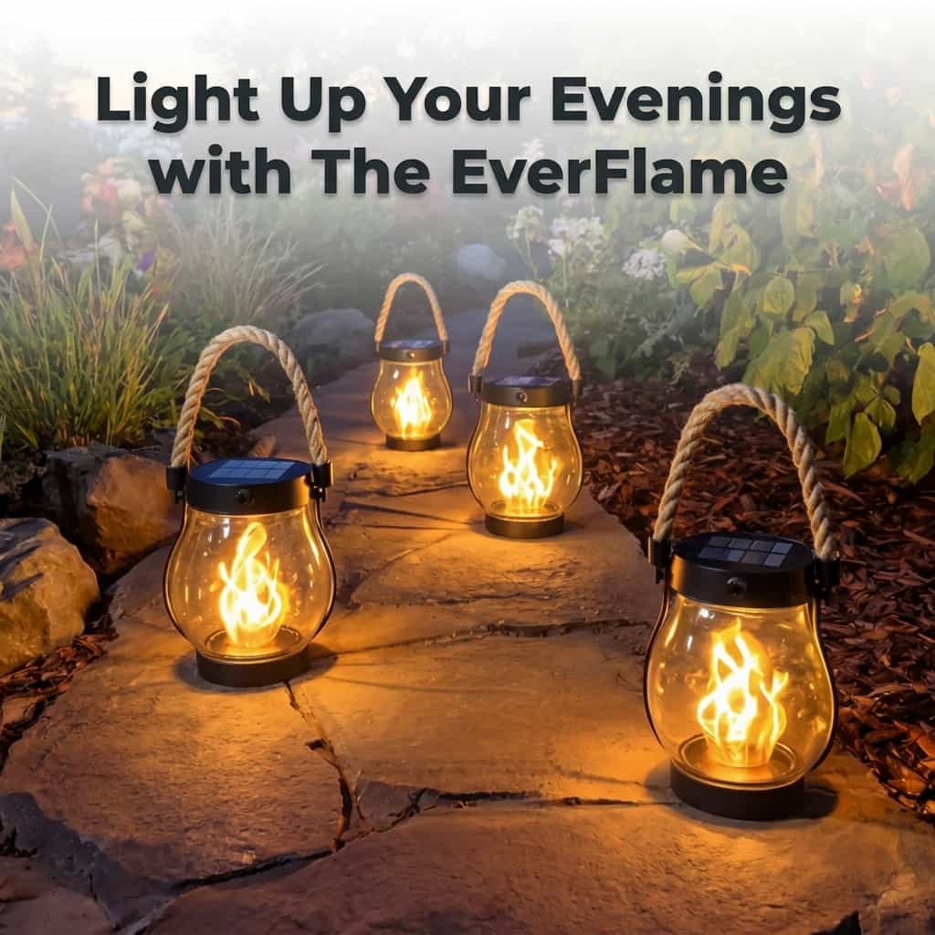 Aarenza EverFlame Solar Lantern with a warm glowing flame design, outdoor decorative solar lantern on a garden table.