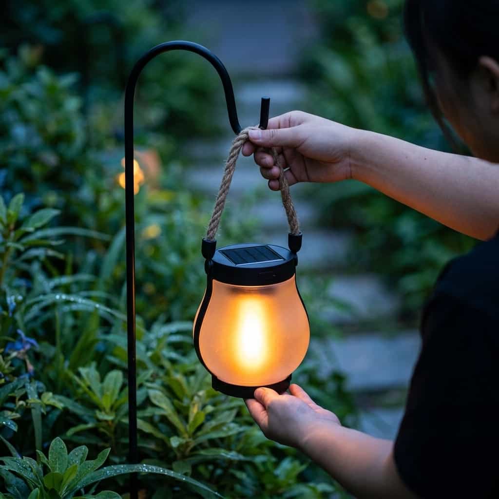 Arenzza EverFlame Solar Lantern glowing softly in a cozy outdoor setting during evening, showcasing its warm, flickering flame effect.