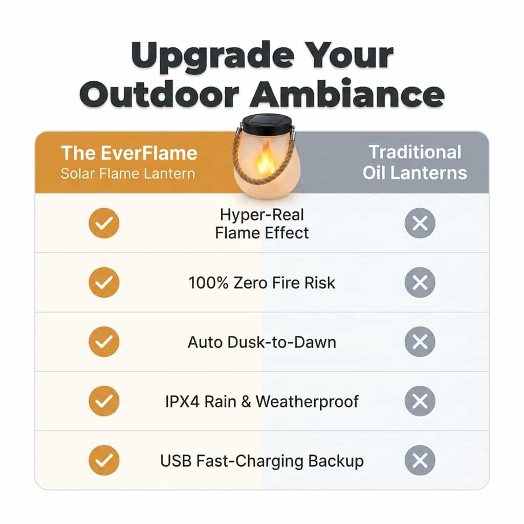 Arenzza EverFlame Solar Lantern with a warm, flickering flame design, ideal for outdoor lighting and decorative use.