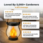Aarenza EverFlame Solar Lantern hanging outdoors, glowing with a warm, flickering flame, providing eco-friendly illumination.
