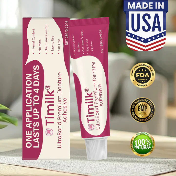 A bottle of Timilk® UltraBond Premium Denture Adhesive by Arenzza with a white and blue label, shown on a clean surface.