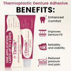 A close-up of Timilk® UltraBond Premium Denture Adhesive tube by Arenzza with the seal and applicator tip visible.
