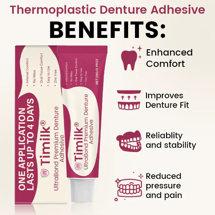 A close-up of Timilk® UltraBond Premium Denture Adhesive tube by Arenzza with the seal and applicator tip visible.
