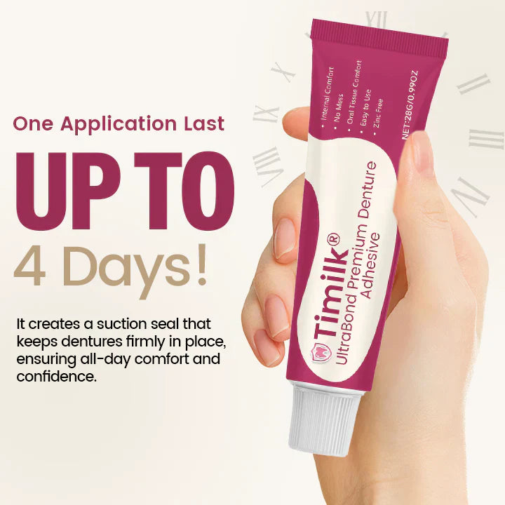 A close-up of Timilk® UltraBond Premium Denture Adhesive tube by Arenzza, showing the packaging and product details.