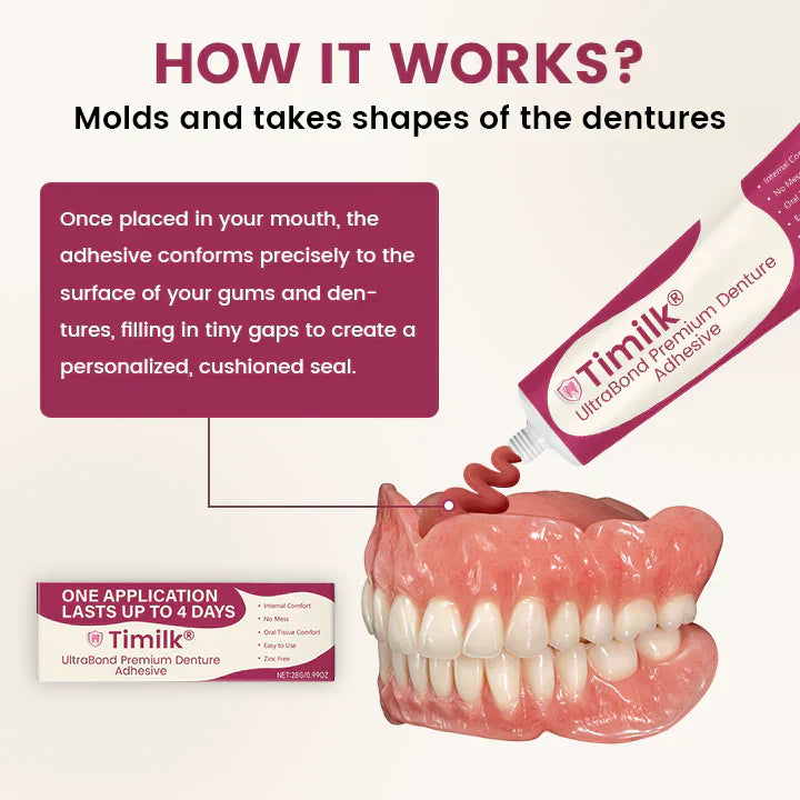 A close-up of Timilk® UltraBond Premium Denture Adhesive by Arenzza in a clear tube with a white cap, designed for secure denture fit.
