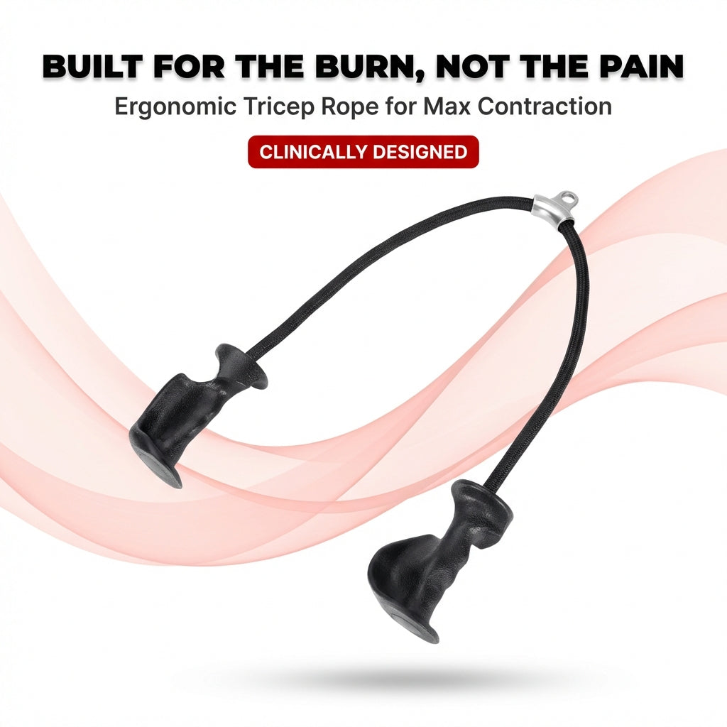 Arenzza TriPull™ Tricep Rope with ergonomic handles, shown in a fitness setting for cable tricep exercises.