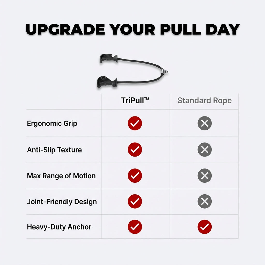 Arenzza TriPull™ Tricep Rope with ergonomic handles displayed in a comparison table, showing its design and features.