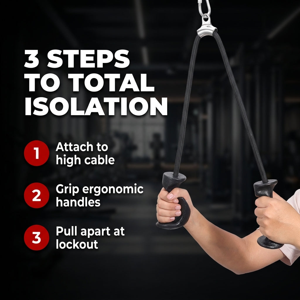 Arenzza TriPull™ Tricep Rope with ergonomic handles showing six-step exercise sequence for effective tricep workouts.