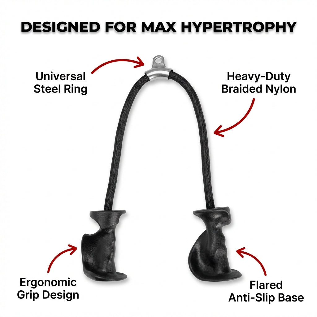 Illustration showing eight benefits of the Arenzza TriPull™ Tricep Rope with ergonomic handles for effective strength training.