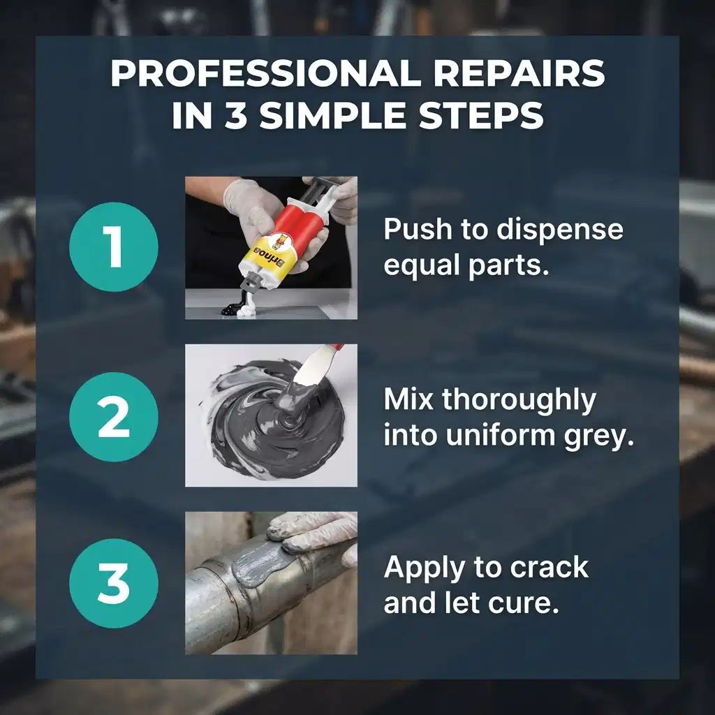 Arenzza Universal Surface Repair Glue in a tube, suitable for all surfaces, shown with application steps on a white background.