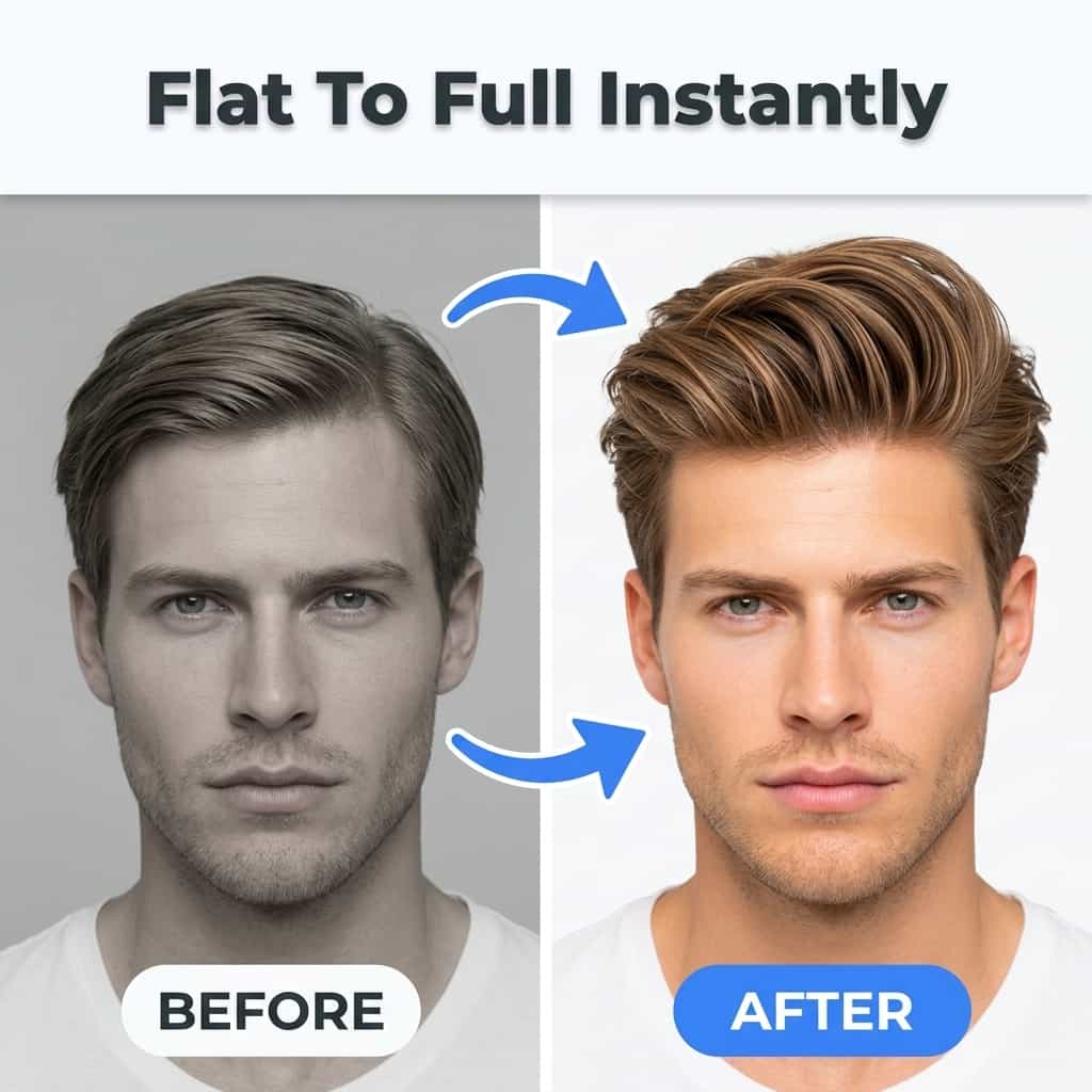 Arenzza VoluLift™ professional ergonomic styling comb shown in a split before-and-after grooming comparison.