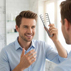 A professional Arenzza VoluLift™ ergonomic styling comb held by a person in a modern grooming setting, demonstrating its sleek design.