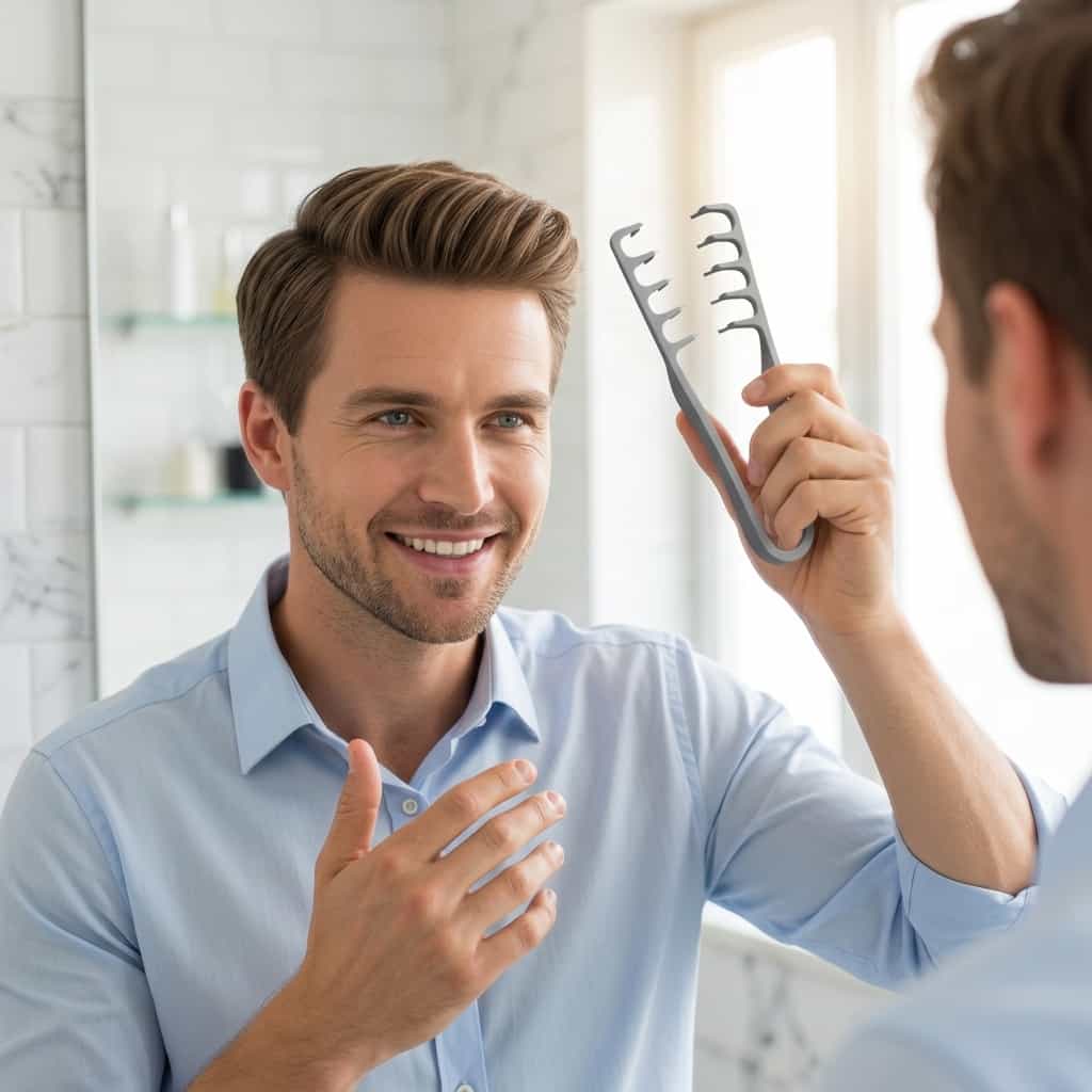 A professional Arenzza VoluLift™ ergonomic styling comb held by a person in a modern grooming setting, demonstrating its sleek design.