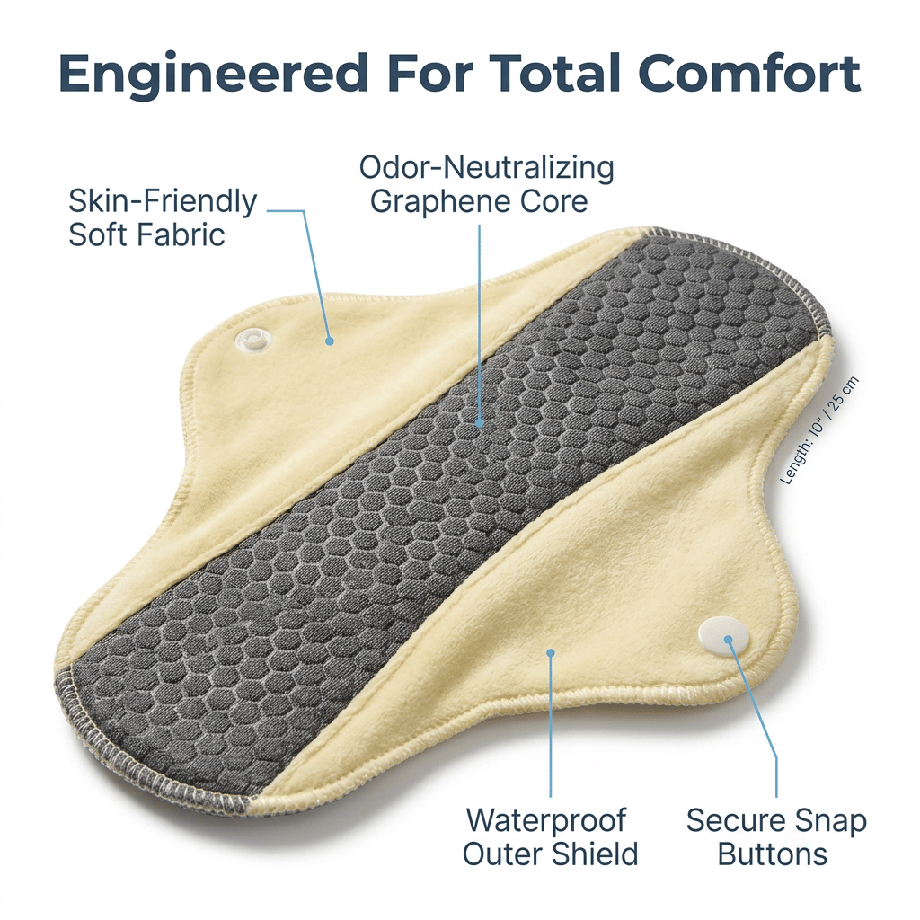 Close-up of Arenzza washable leakproof pad featuring graphene for odor control, showcasing the high-quality fabric and layered design.