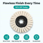 Arenzza wool polishing pad for professional mirror-like surface finish, shown on a polished car surface.