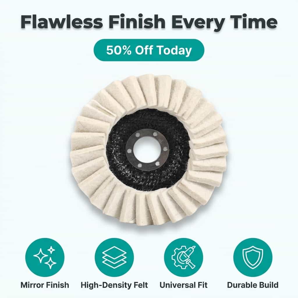 Arenzza wool polishing pad for professional mirror-like surface finish, shown on a polished car surface.