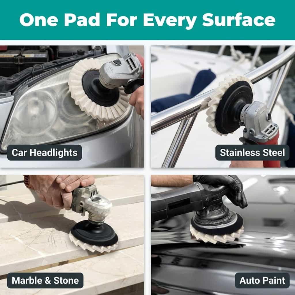 Aarenzza wool polishing pad with multiple panels, designed for achieving a professional mirror-like finish during polishing.